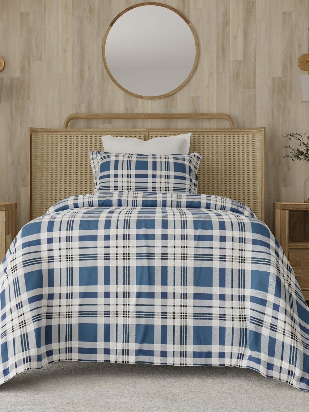 Zen 225 CVC Blue Geometrical 1 Single Size Bedsheet with 1 Pillow Cover