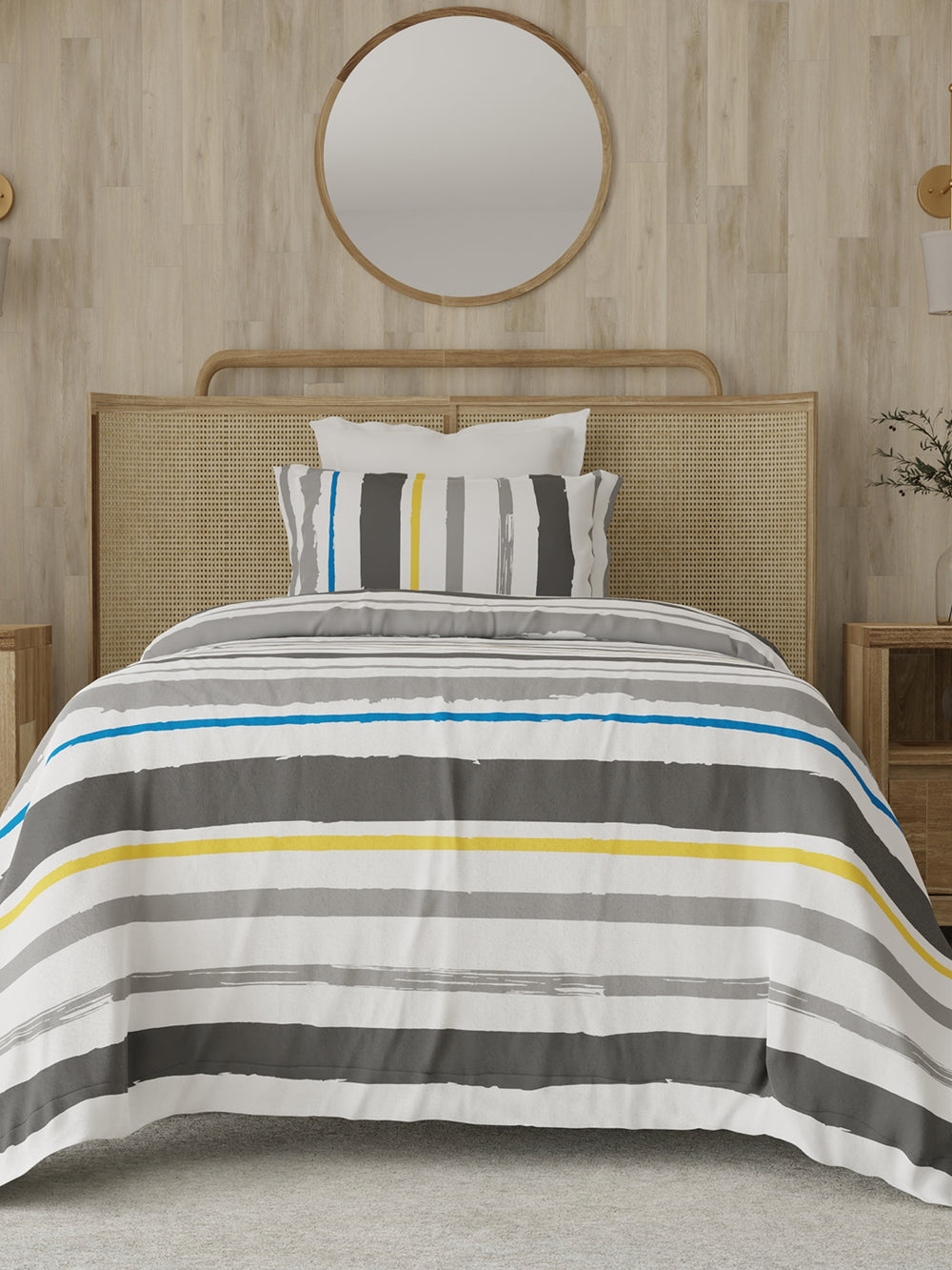 Zen 225 CVC Grey Stripes 1 Single Size Bedsheet with 1 Pillow Cover