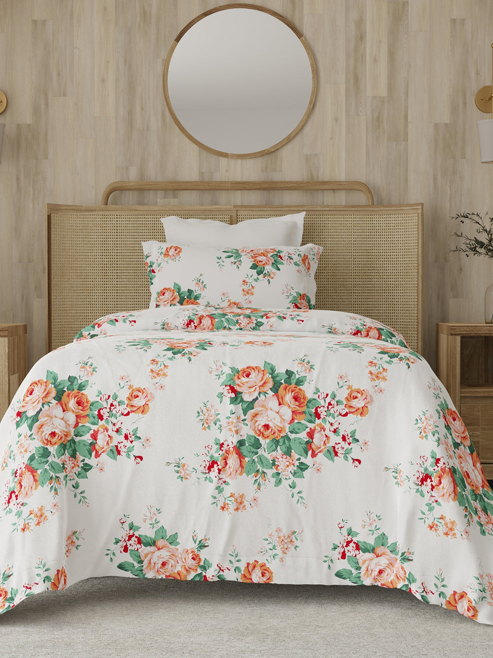 Zen 225 CVC Red White Floral 1 Single Size Bedsheet with 1 Pillow Cover