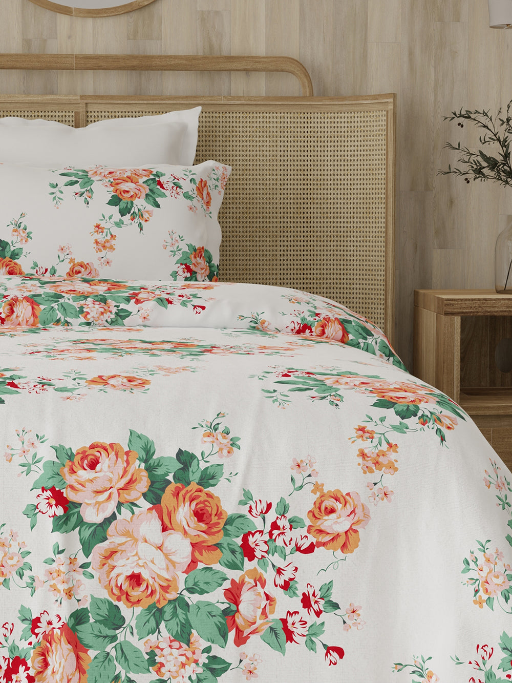 Zen 225 CVC Red White Floral 1 Single Size Bedsheet with 1 Pillow Cover