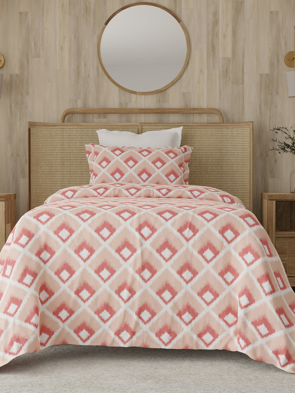 Zen 225 CVC Peach Geometrical 1 Single Size Bedsheet with 1 Pillow Cover