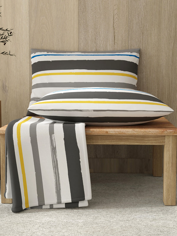 Zen 225 CVC Grey Stripes 1 Double Size Bedsheet with 2 Pillow Covers