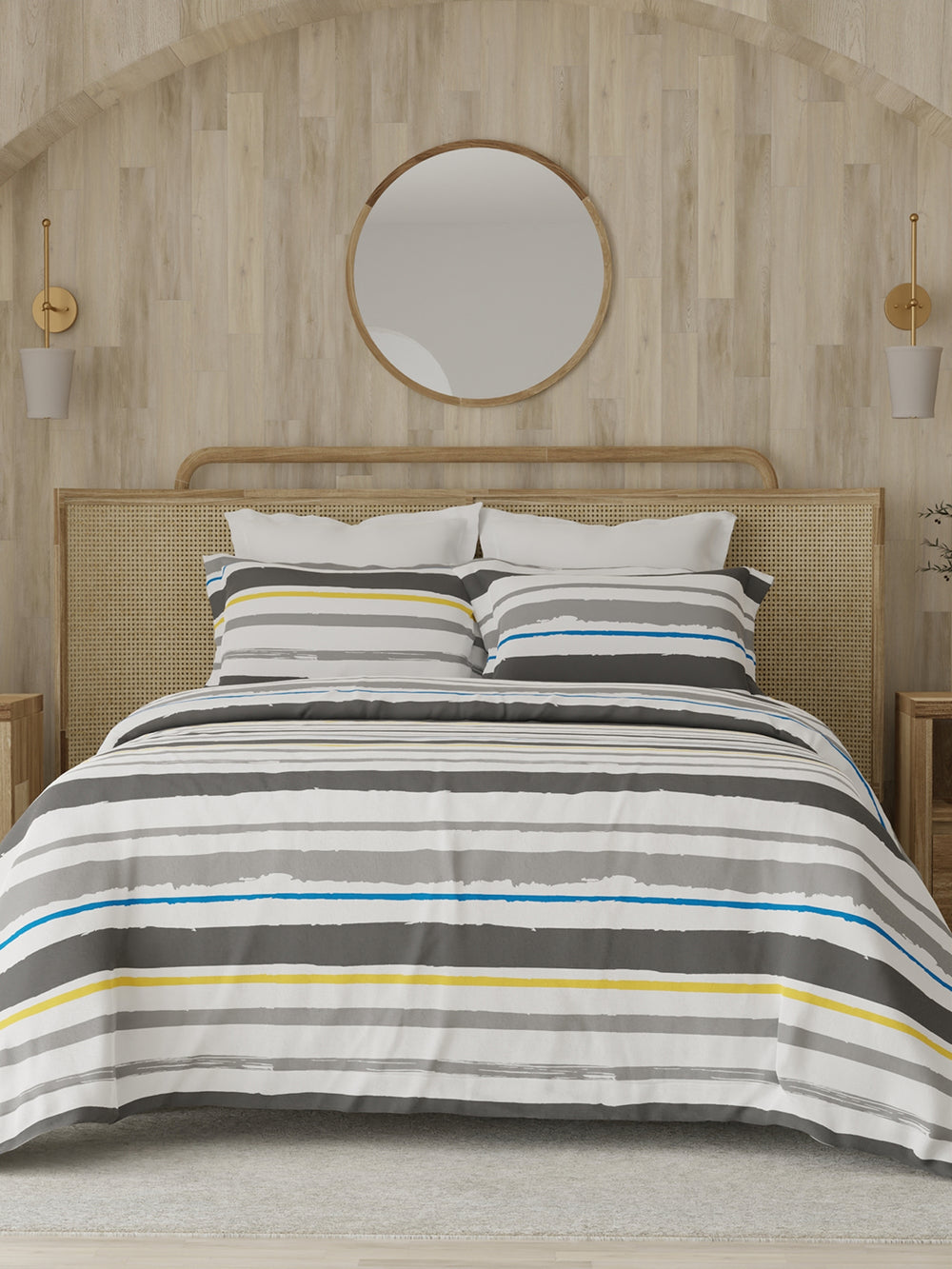Zen 225 CVC Grey Stripes 1 Double Size Bedsheet with 2 Pillow Covers