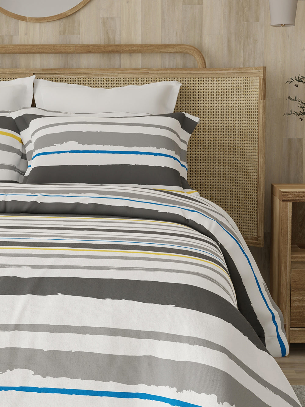 Zen 225 CVC Grey Stripes 1 Double Size Bedsheet with 2 Pillow Covers