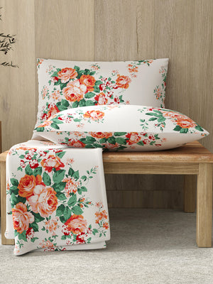 Zen 225 CVC Red White Floral 1 Double Size Bedsheet with 2 Pillow Covers