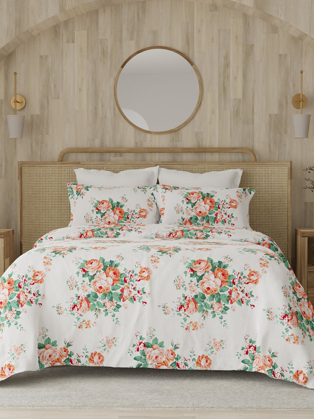 Zen 225 CVC Red White Floral 1 Double Size Bedsheet with 2 Pillow Covers