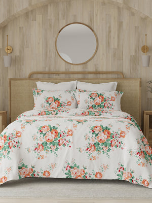 Zen 225 CVC Red White Floral 1 Double Size Bedsheet with 2 Pillow Covers