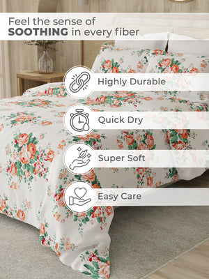 Zen 225 CVC Red White Floral 1 Double Size Bedsheet with 2 Pillow Covers