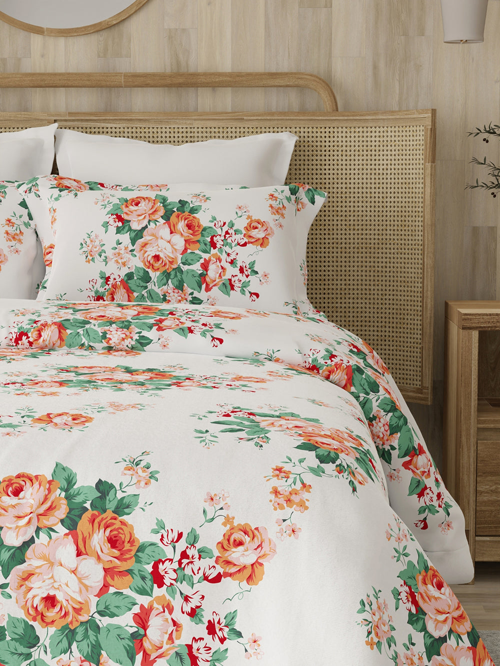 Zen 225 CVC Red White Floral 1 Double Size Bedsheet with 2 Pillow Covers
