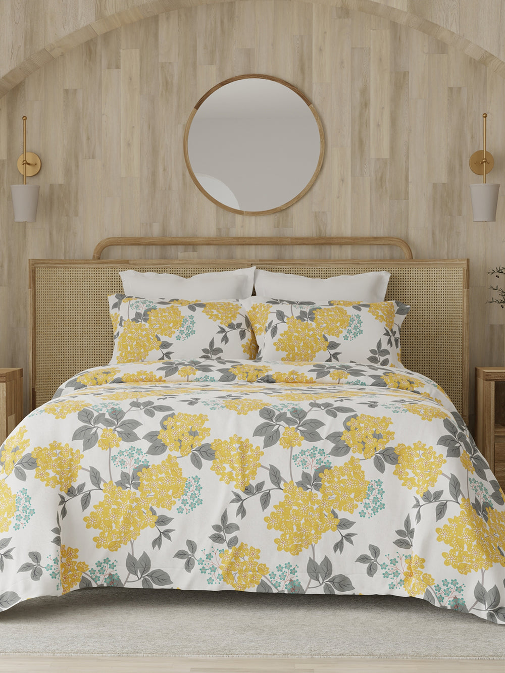 Zen 225 CVC Yellow Floral 1 Double Size Bedsheet with 2 Pillow Covers