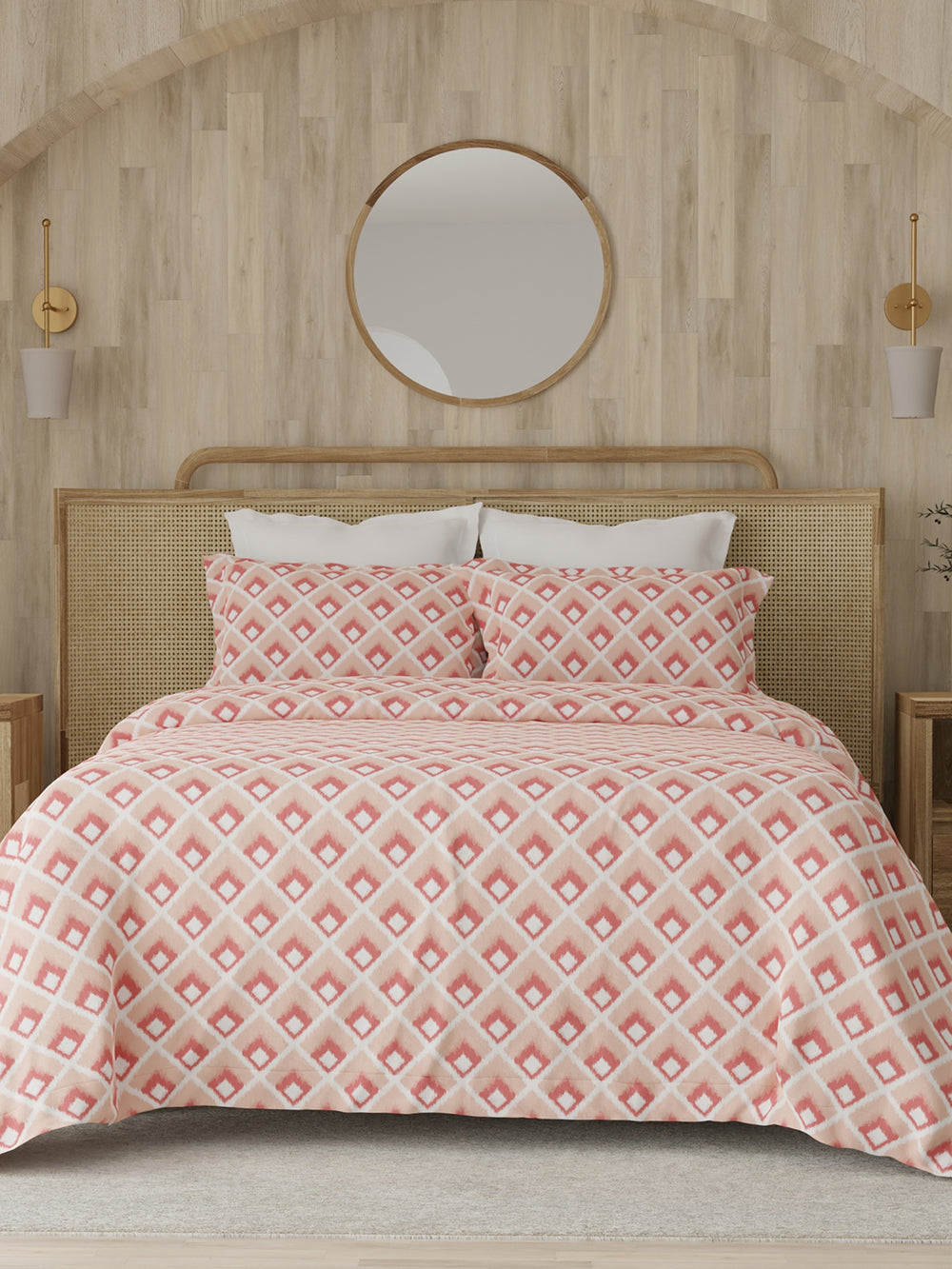 Zen 225 CVC Peach Geometrical 1 Double Size Bedsheet with 2 Pillow Covers