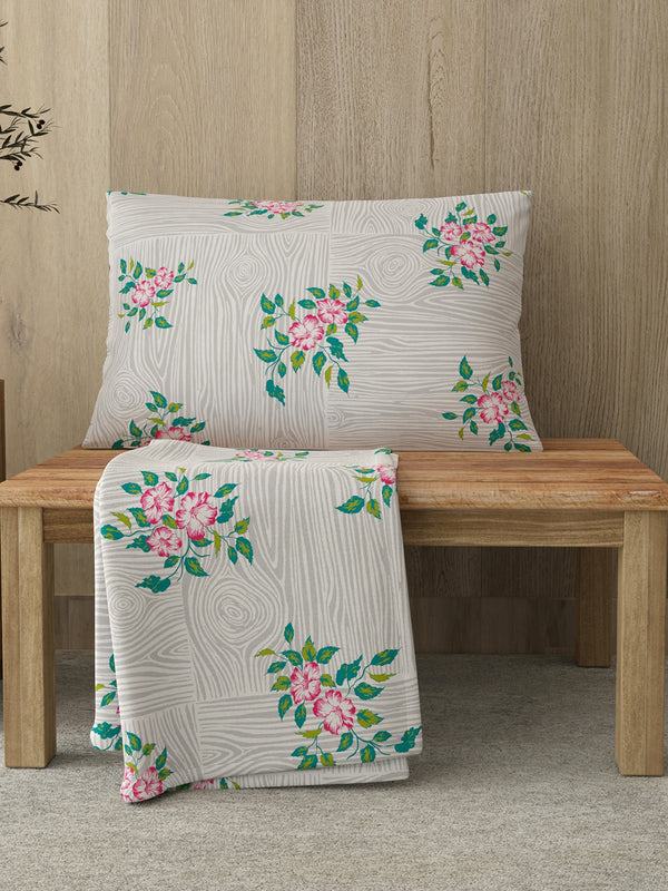 Zen 225 CVC Grey Floral 1 Single Size Bedsheet with 1 Pillow Cover