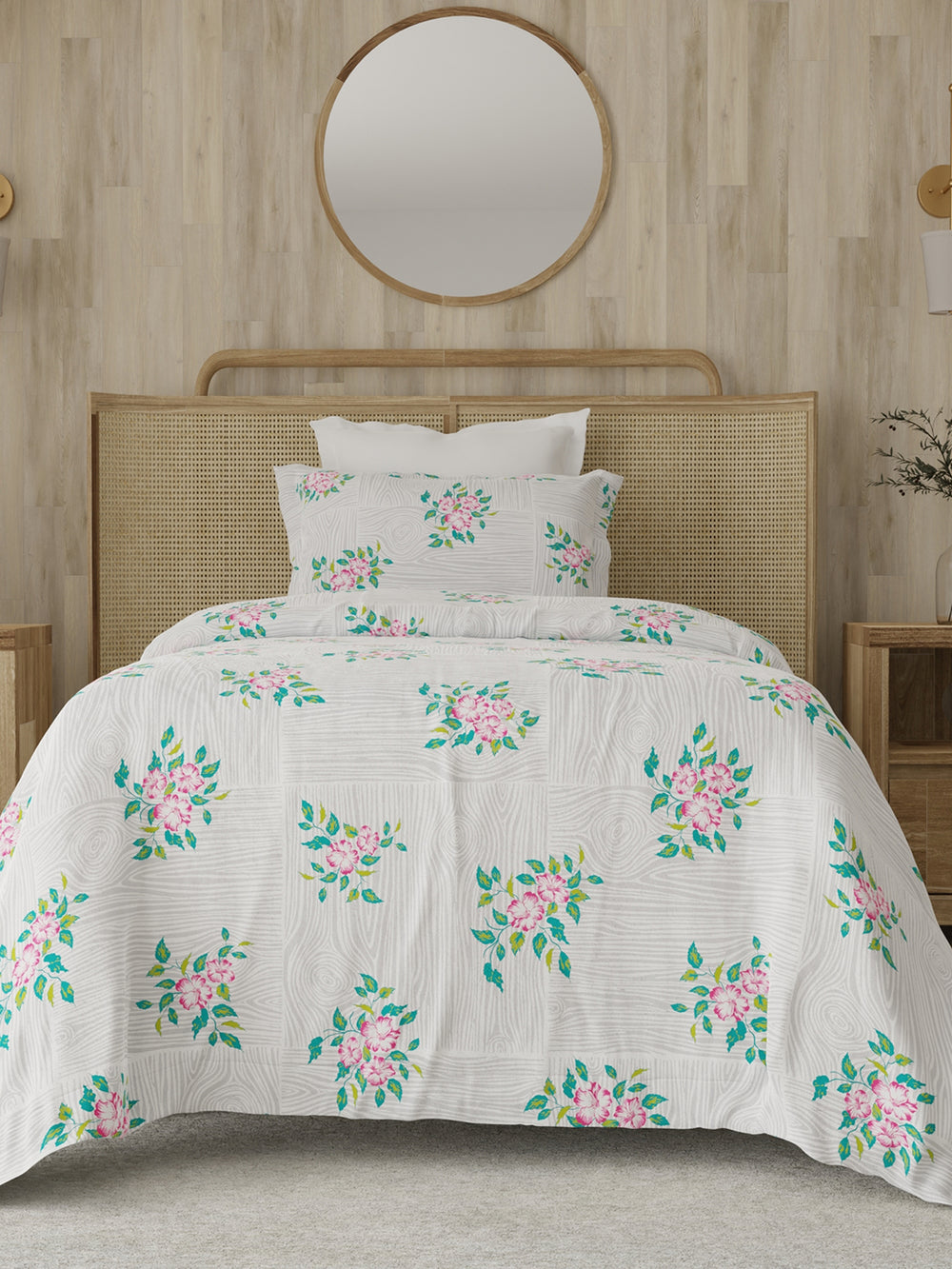 Zen 225 CVC Grey Floral 1 Single Size Bedsheet with 1 Pillow Cover