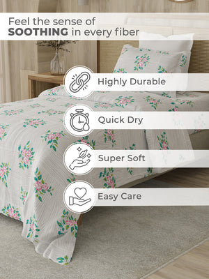 Zen 225 CVC Grey Floral 1 Single Size Bedsheet with 1 Pillow Cover