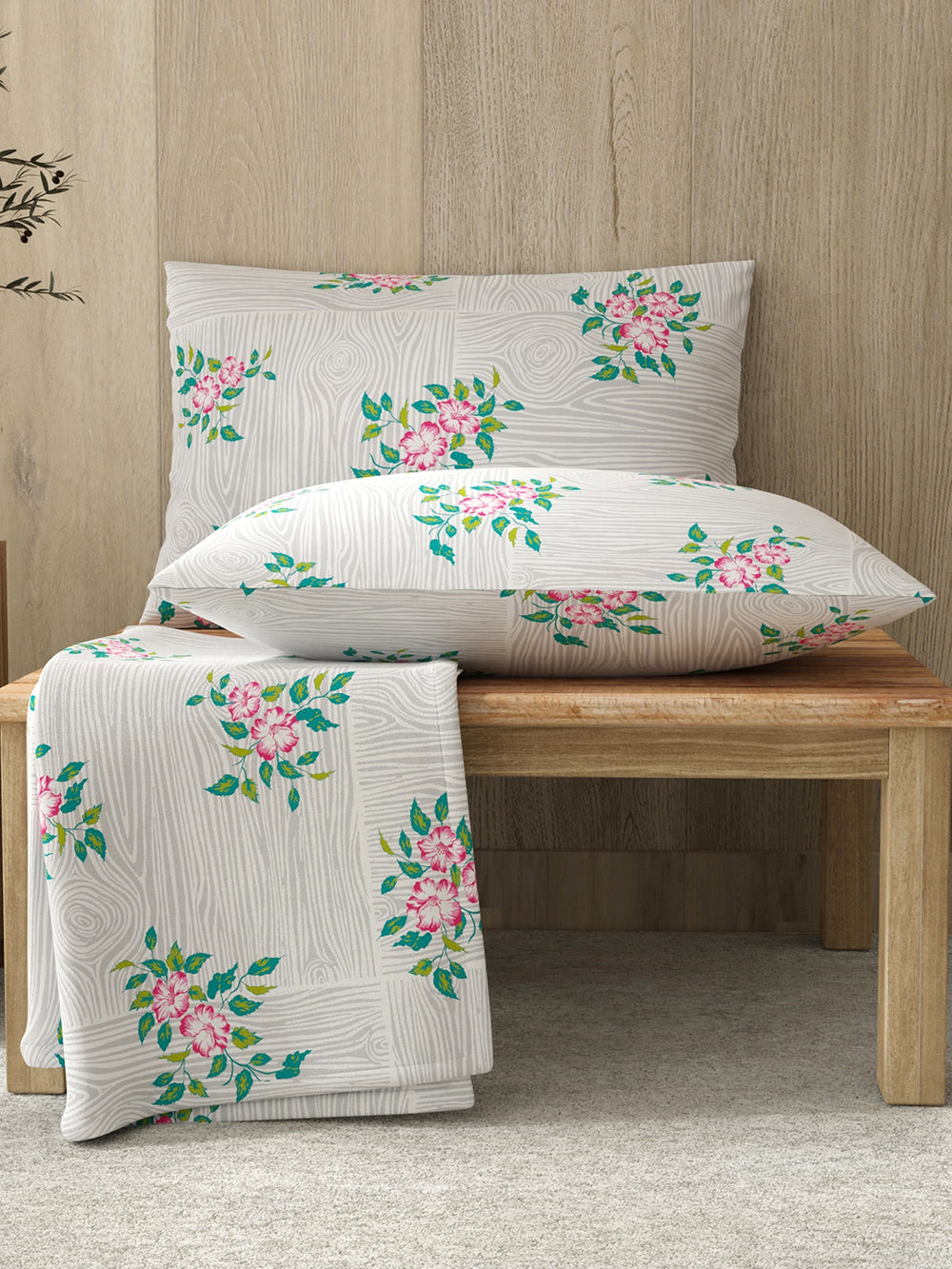 Zen 225 CVC Grey Floral 1 Double Size Bedsheet with 2 Pillow Covers