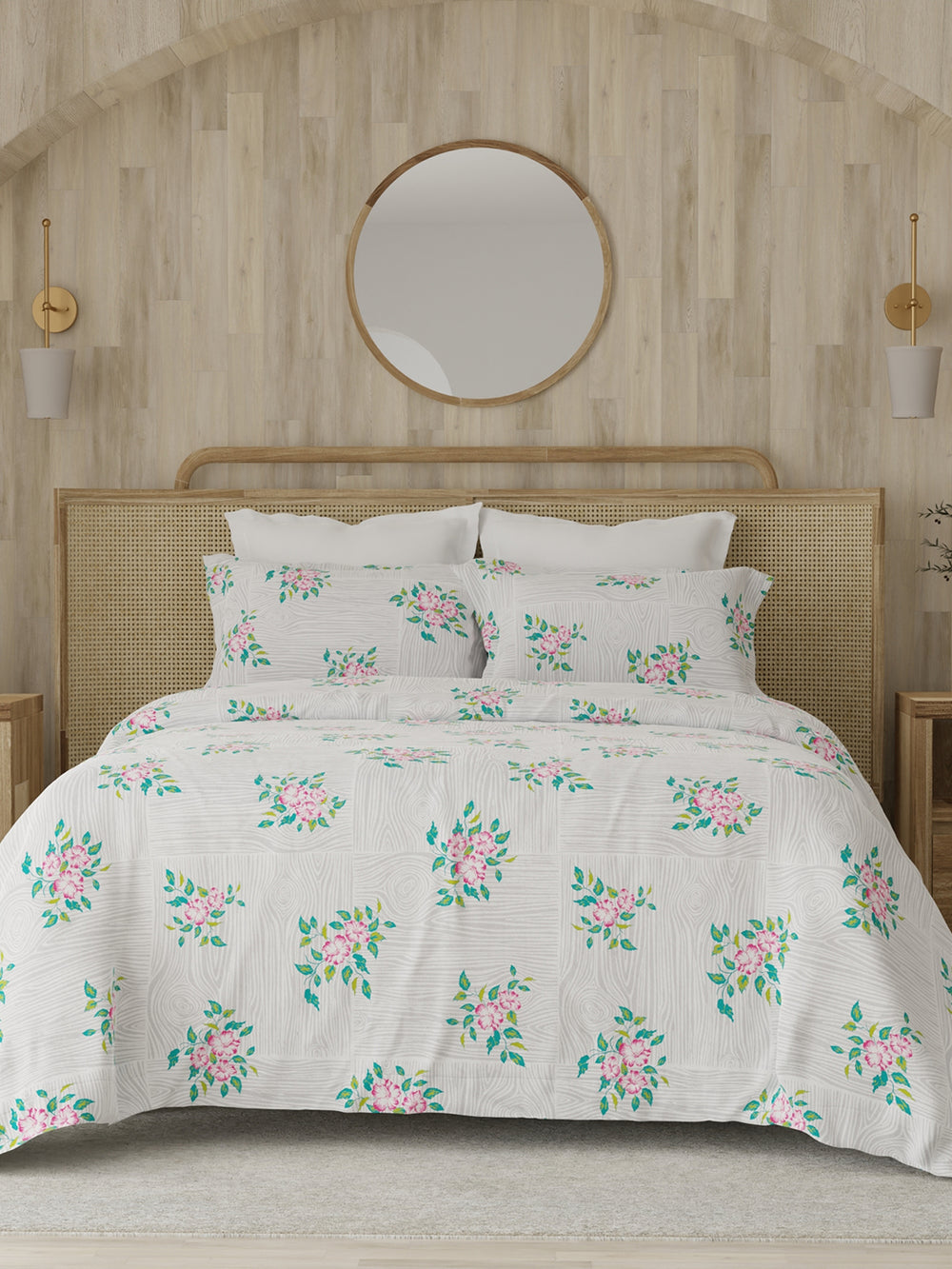 Zen 225 CVC Grey Floral 1 Double Size Bedsheet with 2 Pillow Covers