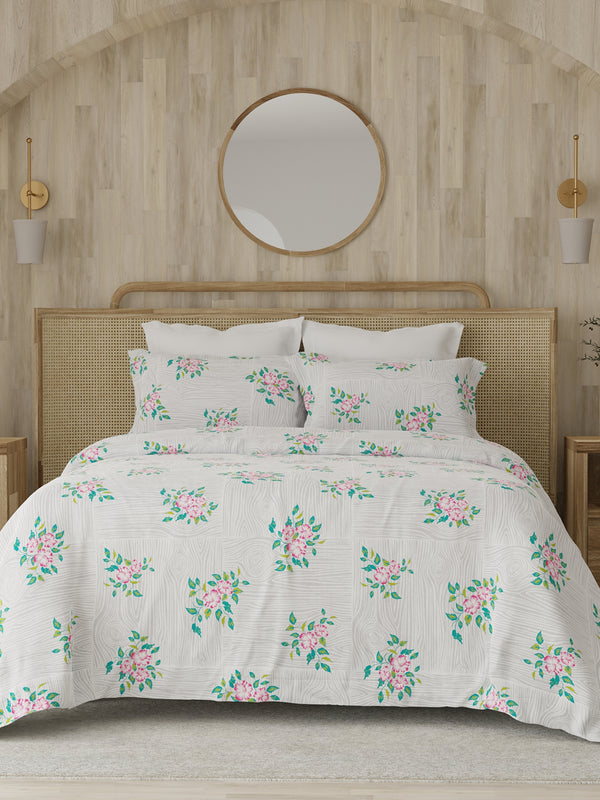 Zen 225 CVC Grey Floral 1 Double Size Bedsheet with 2 Pillow Covers