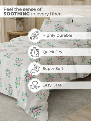 Zen 225 CVC Grey Floral 1 Double Size Bedsheet with 2 Pillow Covers