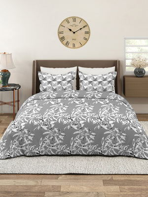 Illuminating Homes 100% Cotton 144 TC Grey Floral 1 King Size Bedsheet with 2 Pillow Covers