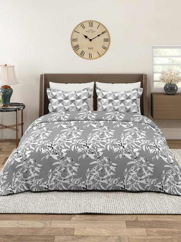 Illuminating Homes 100% Cotton 144 TC Grey Floral 1 King Size Bedsheet with 2 Pillow Covers