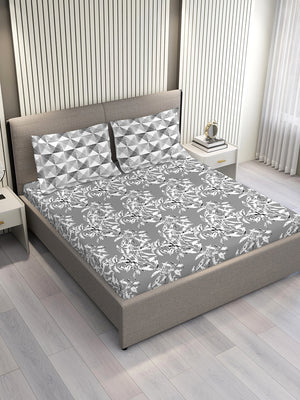 Illuminating Homes 100% Cotton 144 TC Grey Floral 1 King Size Bedsheet with 2 Pillow Covers