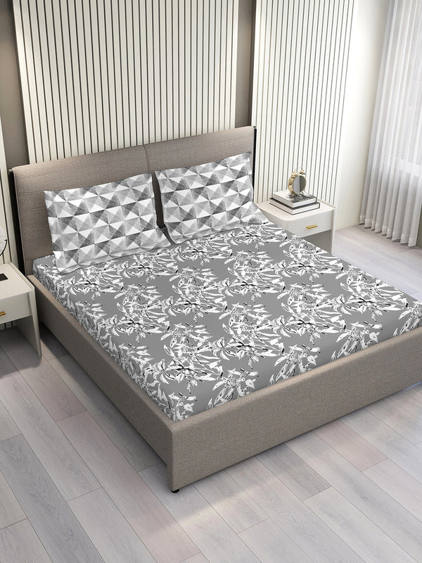 Illuminating Homes 100% Cotton 144 TC Grey Floral 1 King Size Bedsheet with 2 Pillow Covers
