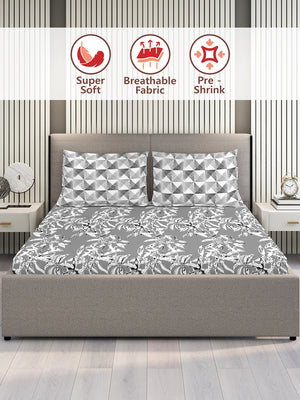 Illuminating Homes 100% Cotton 144 TC Grey Floral 1 King Size Bedsheet with 2 Pillow Covers