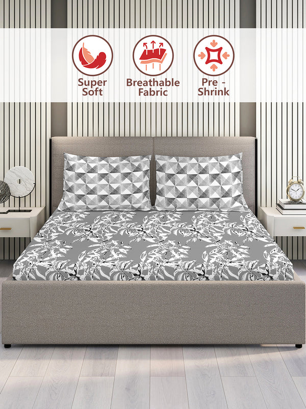 Illuminating Homes 100% Cotton 144 TC Grey Floral 1 King Size Bedsheet with 2 Pillow Covers