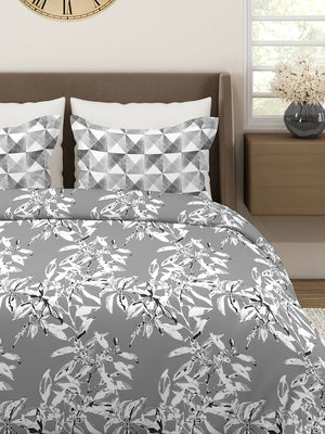 Illuminating Homes 100% Cotton 144 TC Grey Floral 1 King Size Bedsheet with 2 Pillow Covers