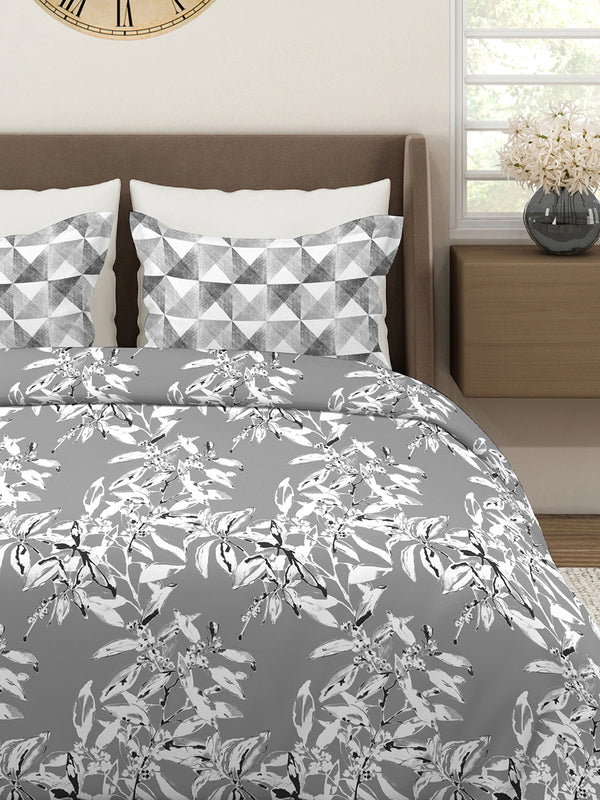 Illuminating Homes 100% Cotton 144 TC Grey Floral 1 King Size Bedsheet with 2 Pillow Covers