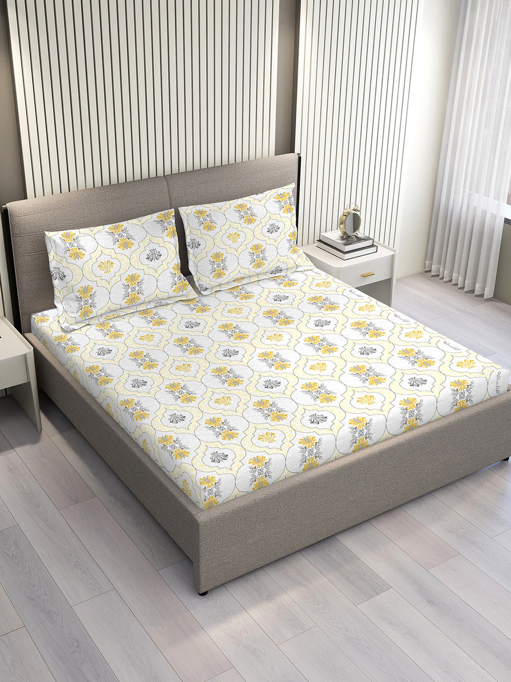 Aura Microfibre 110 GSM White Ethnic 1 Double Size Bedsheet with 2 Pillow Covers