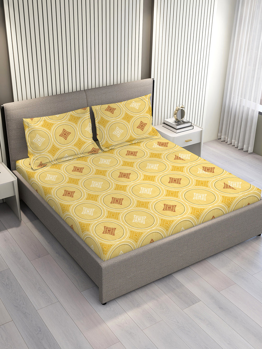 Aura Microfibre 110 GSM Yellow Geometrical 1 Double Size Bedsheet with 2 Pillow Covers