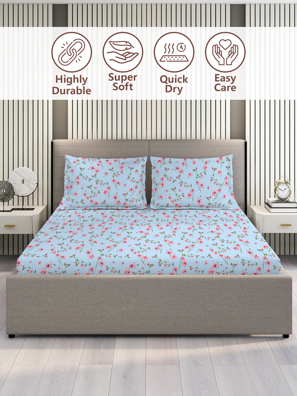 Aria Microfibre 125 GSM Blue Floral 1 Double Size Bedsheet with 2 Pillow Covers