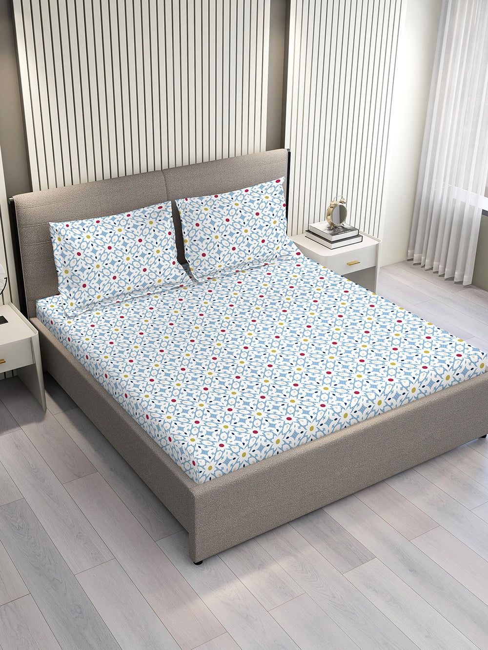 Aria Microfibre 125 GSM Blue Floral 1 Double Size Bedsheet with 2 Pillow Covers