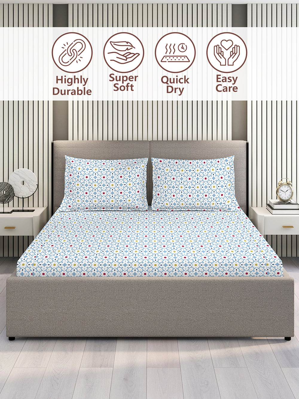 Aria Microfibre 125 GSM Blue Floral 1 Double Size Bedsheet with 2 Pillow Covers