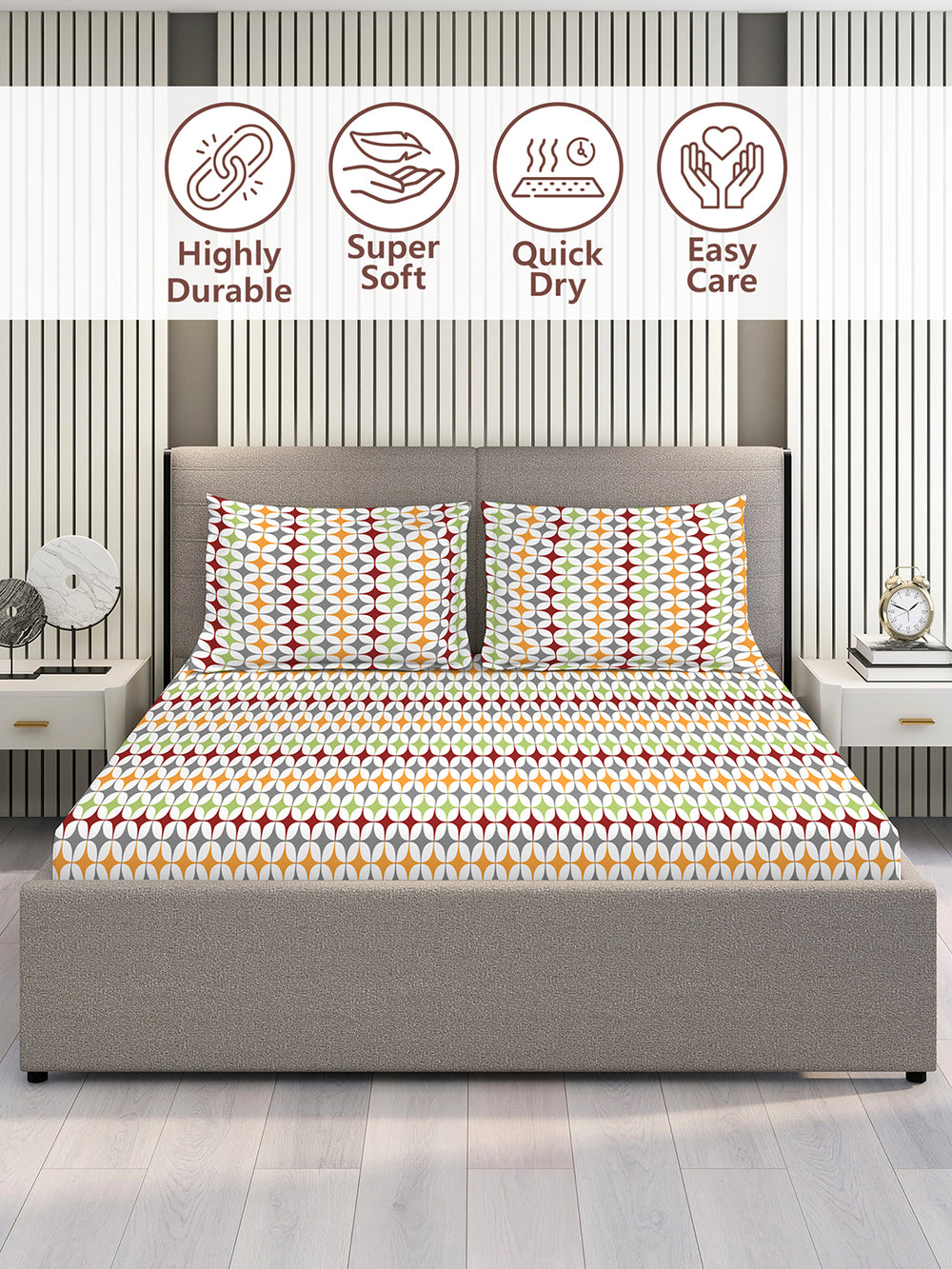 Aria Microfibre 125 GSM Multicolor Geometrical 1 Double Size Bedsheet with 2 Pillow Covers