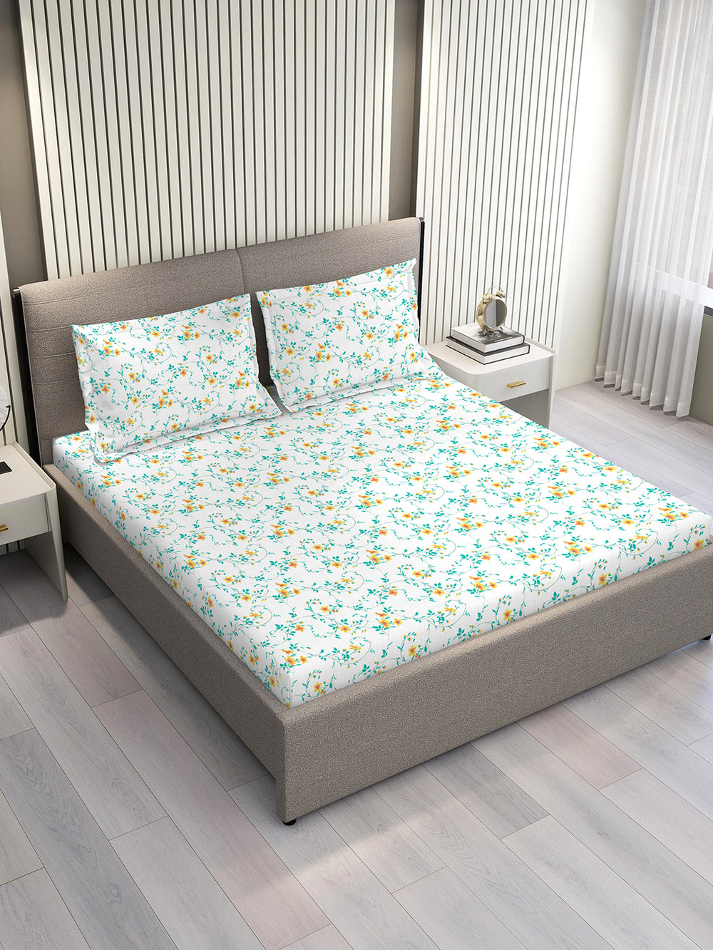 Aria Microfibre 125 GSM Blue & White Floral 1 Double Size Bedsheet with 2 Pillow Covers