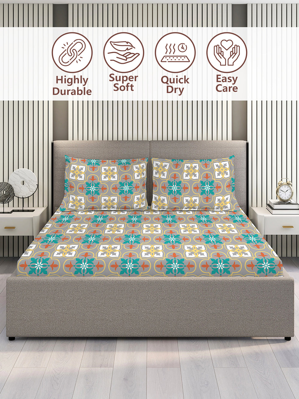Aria Microfibre 125 GSM Multicolor Ethnic 1 Double Size Bedsheet with 2 Pillow Covers