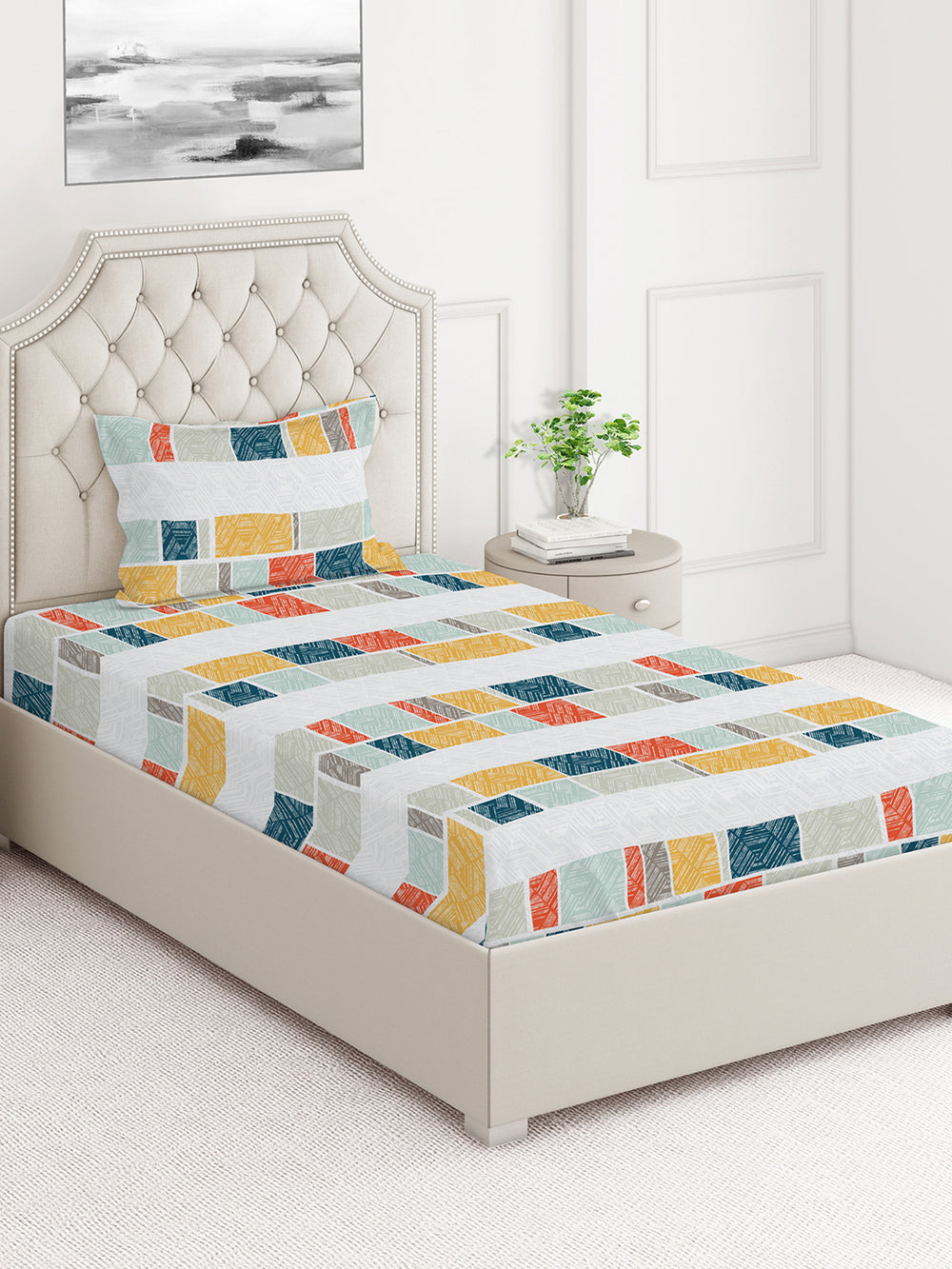 Aria Microfibre 125 GSM Multicolor Geometrical 1 Single Size Bedsheet with 1 Pillow Cover