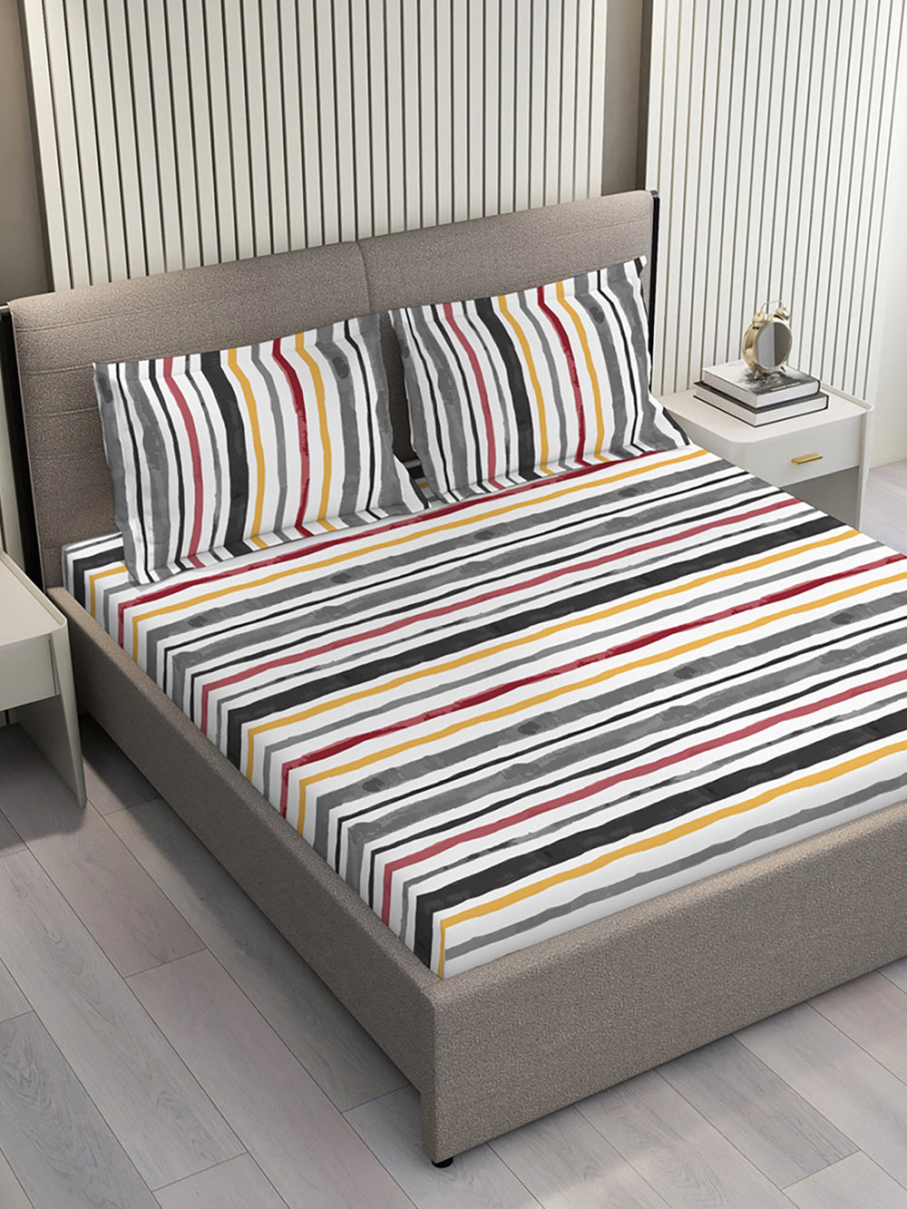Duracount 225 CVC Grey Stripes 1 King Size Bedsheet with 2 Pillow Covers