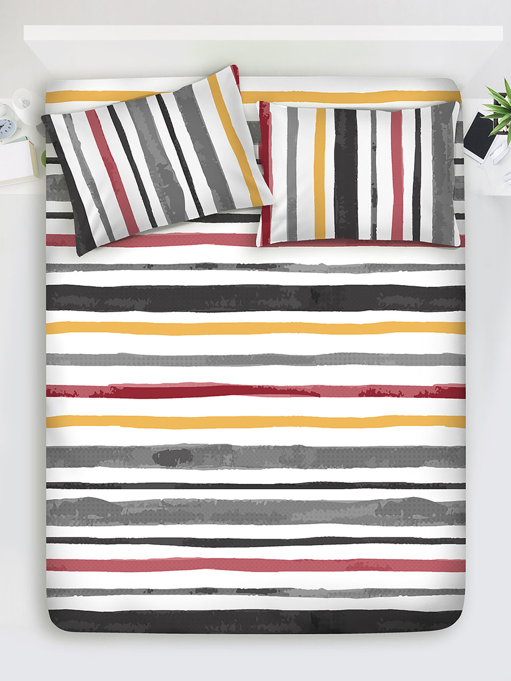 Duracount 225 CVC Grey Stripes 1 King Size Bedsheet with 2 Pillow Covers