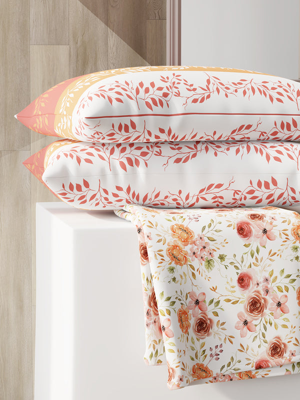 Ivy Microfibre 125 GSM White Orange Floral 1 Double Size Bedsheet with 2 Pillow Covers