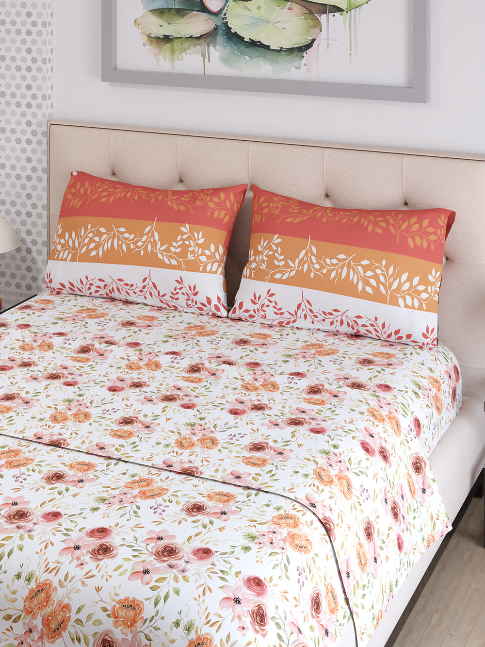 Ivy Microfibre 125 GSM White Orange Floral 1 Double Size Bedsheet with 2 Pillow Covers