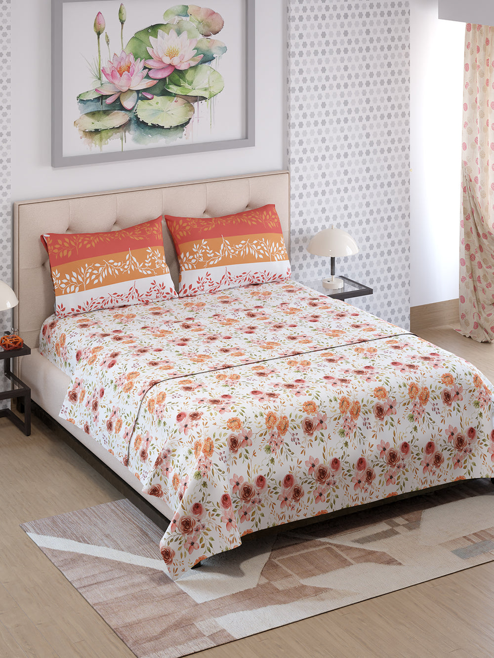 Ivy Microfibre 125 GSM White Orange Floral 1 Double Size Bedsheet with 2 Pillow Covers