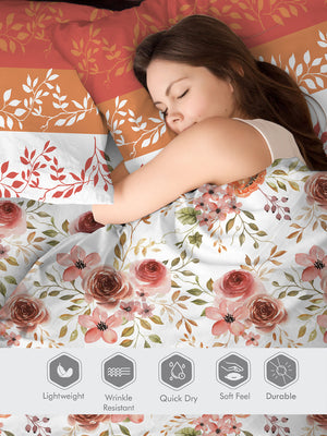 Ivy Microfibre 125 GSM White Orange Floral 1 Double Size Bedsheet with 2 Pillow Covers