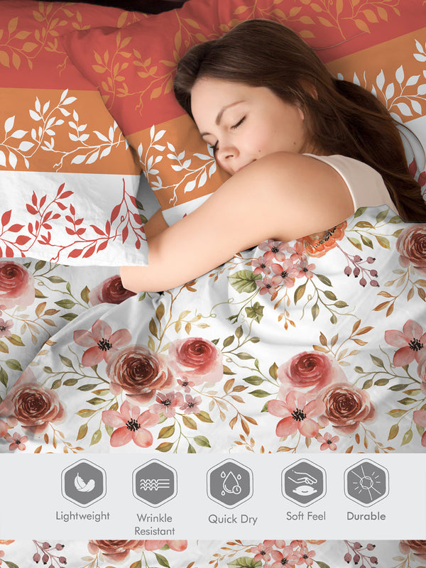 Ivy Microfibre 125 GSM White Orange Floral 1 Double Size Bedsheet with 2 Pillow Covers