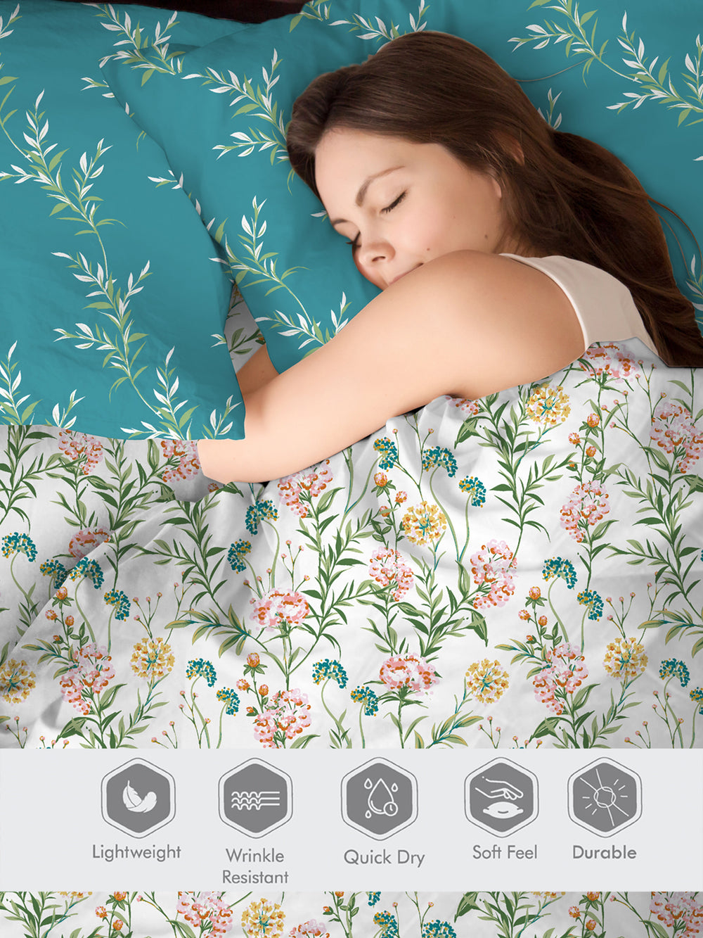 Ivy Microfibre 125 GSM Blue White Floral 1 Double Size Bedsheet with 2 Pillow Covers