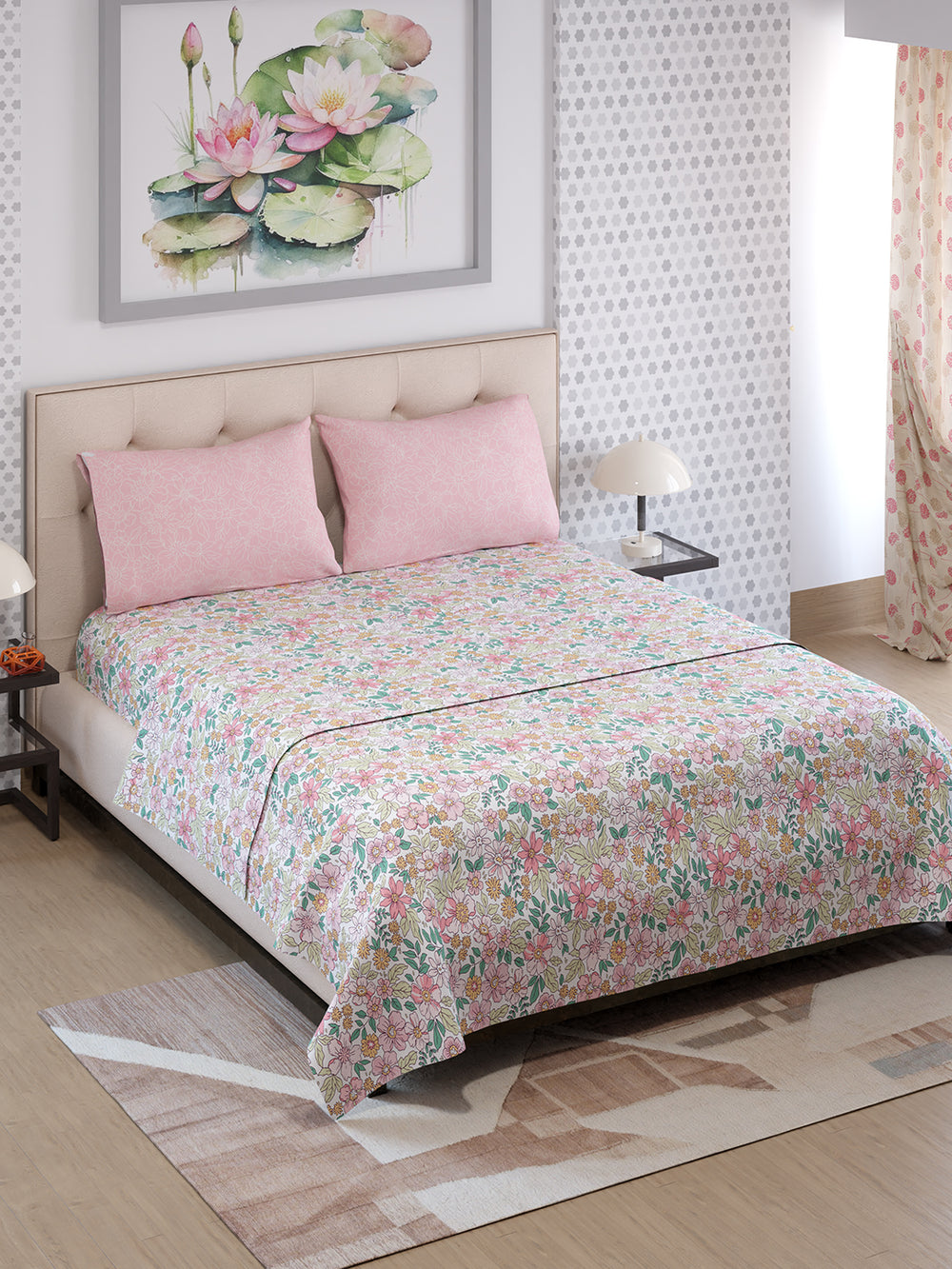 Ivy Microfibre 125 GSM Multicolor Floral 1 Double Size Bedsheet with 2 Pillow Covers