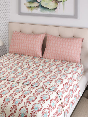 Ivy Microfibre 125 GSM Cream Ethnic 1 Double Size Bedsheet with 2 Pillow Covers