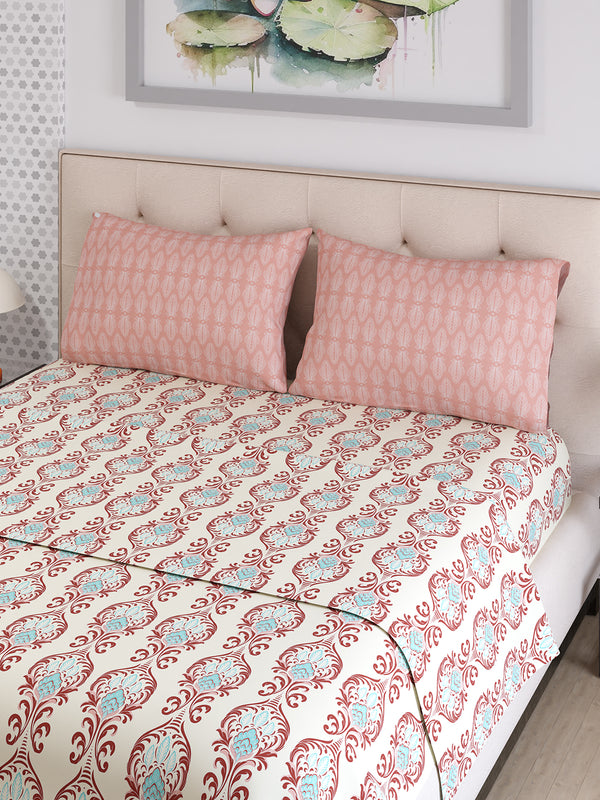 Ivy Microfibre 125 GSM Cream Ethnic 1 Double Size Bedsheet with 2 Pillow Covers